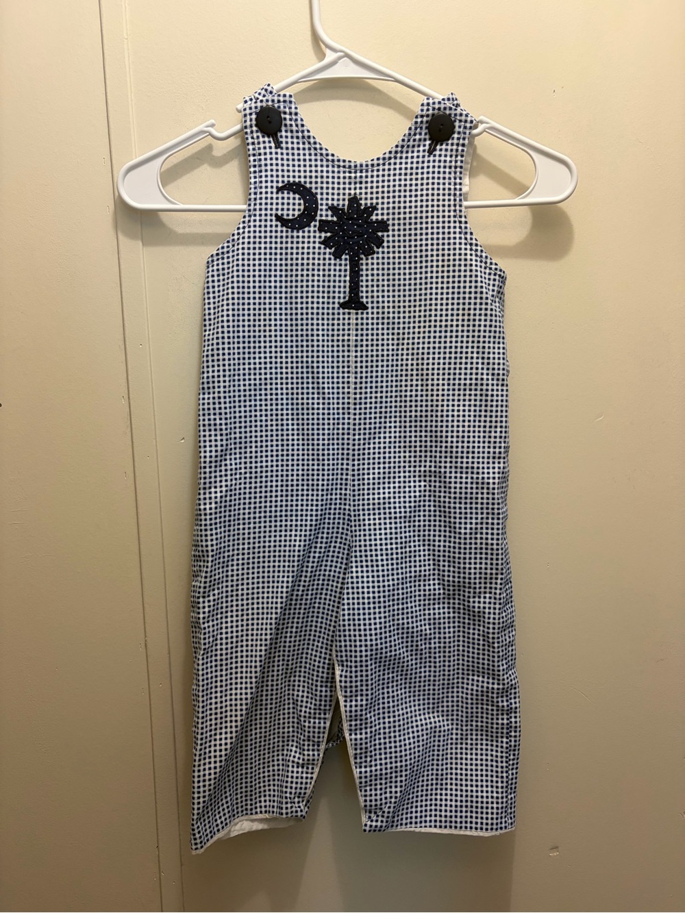 Children's Navy Gingham Overalls with Palm Tree Accent